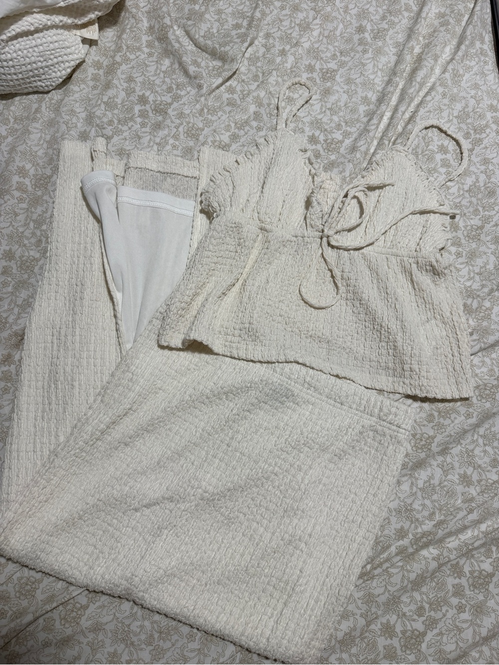 Streetwear Society Cream Textured Knit Crop Top & Midi Skirt Set